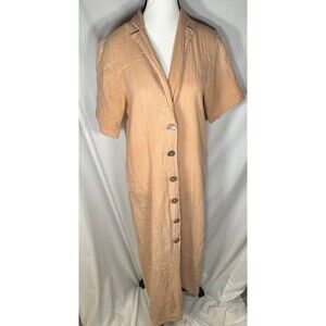 Maurie and Eve Peach Crinkle Cotton Midi Shirt Dress Button Resort Wear Size 4